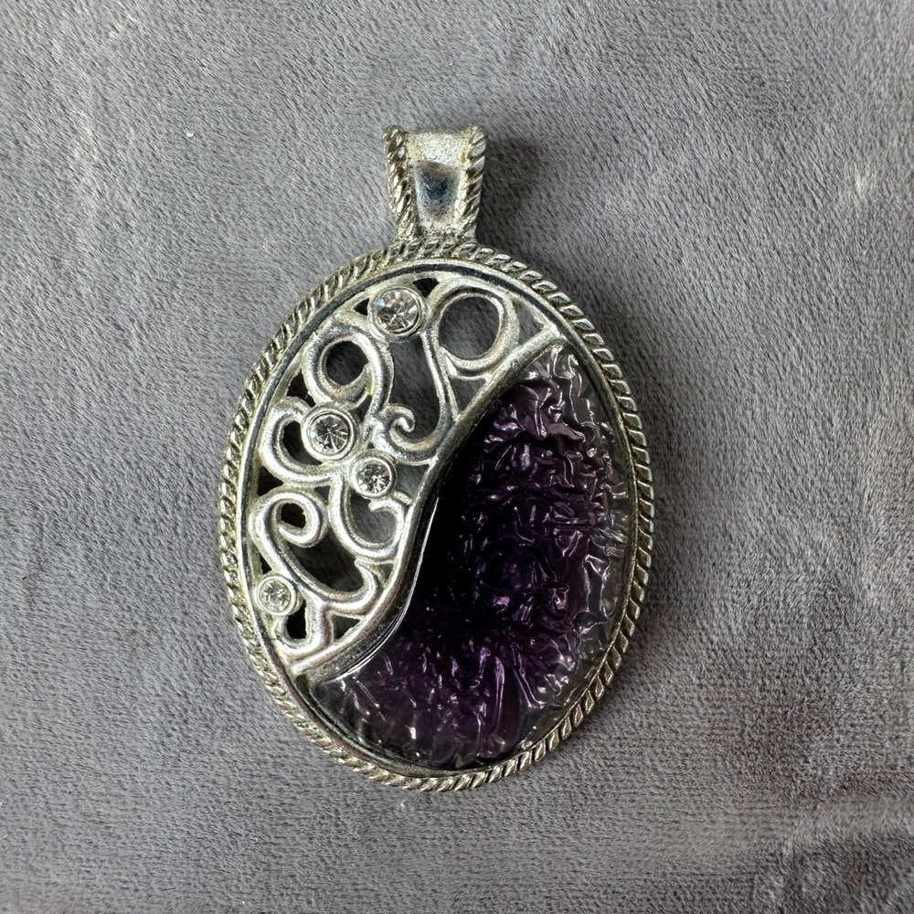 Silver Tone Oval Pendant Purple Foil Resin Filigree Rhinestones Whimsigoth 2.25"